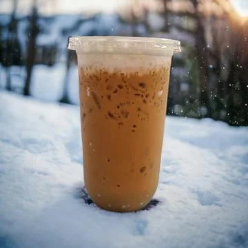 Iced tea in a clear plastic cup topped with milk foam on top. Lies on the s.. Stock Photos