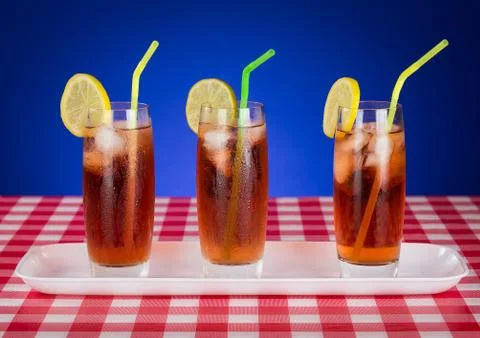 Iced tea Glasses on Checkered Table Stock Photos