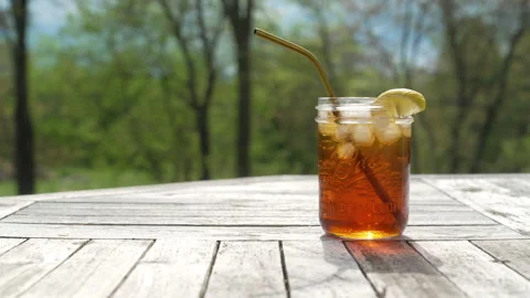 Iced Tea In Summer, Time Outdoors in Good Weather with Refreshments Stock Footage 309014703