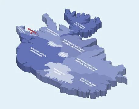 Iceland 3d (isometric) map colored by regions on light blue background Stock Illustration