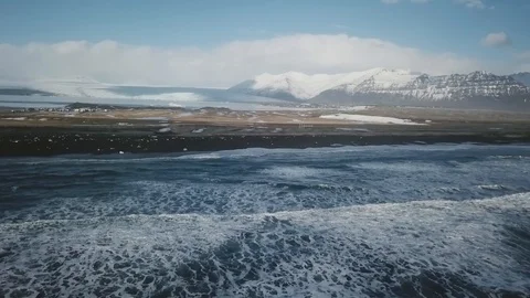 Iceland Aerial View Of Ocean Waves At Diamond Beach With Glacier Lagoon3 Vídeo Stock 87253129