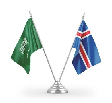 Iceland and Saudi Arabia table flags isolated on white 3D rendering Stock Illustration