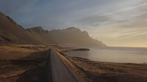 Iceland Coastline Road at Sunset Stock Footage 129456347