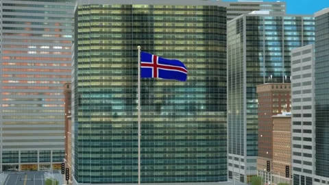 Iceland Flag 3D Render Animation on Pole with Modern Business District Build Video stock 332877922