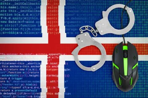 Iceland flag  and handcuffed computer mouse. Combating computer crime, hacker Stock-Fotos