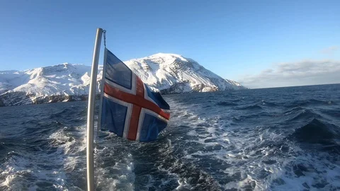 Iceland flag on the back of the ship Stock Footage 119666230