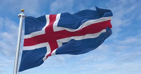 Iceland flag with flagpole waving in rolling clouds looping, 4K (Perfect Loop) Video stock 277349478