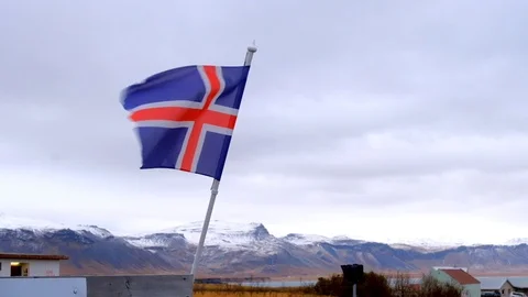 Iceland Flag flapping move by strong wind blow the flag Stock Footage 100766061