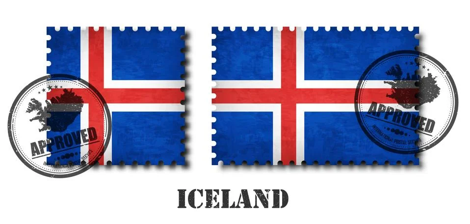 Iceland flag pattern postage stamp with grunge old scratch texture and affix  Stock Illustration