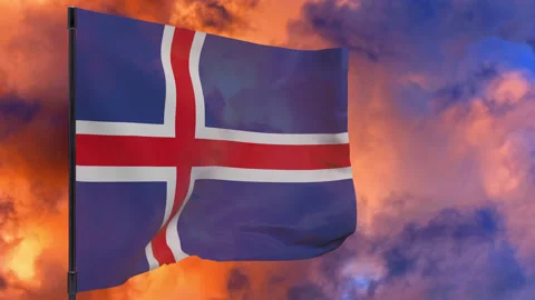 Iceland flag on pole with sky background seamless loop 3d animation Stock Footage 149384081