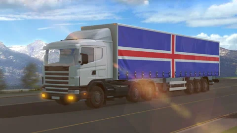 Iceland flag shown on the side of a large truck Stock Footage 122100308