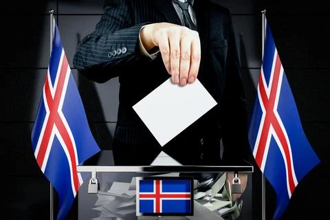 Iceland flags, hand dropping voting card - election concept - 3D illustration Ilustración de archivo