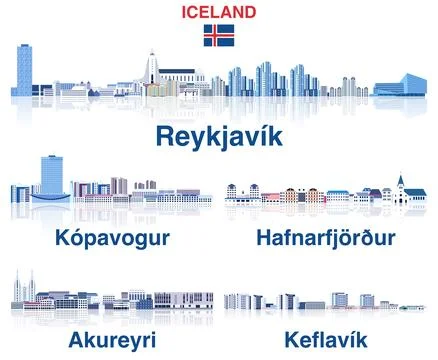 Iceland main cities skylines in soft cold tones color palette vector set Illustrazione stock