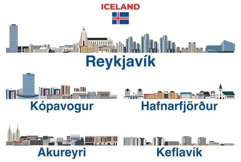 Iceland main cities skylines vector isolated illustrations set Stock Illustration