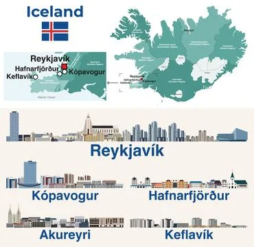 Iceland map and main cities skylines illustrations. Vector set Stock Illustration
