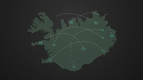 Iceland Map Featuring Animated Signal Flow Between Two Points Stock Footage 342308614