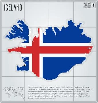 Iceland map with flag inside and polygonal map of the world. Stock Illustration