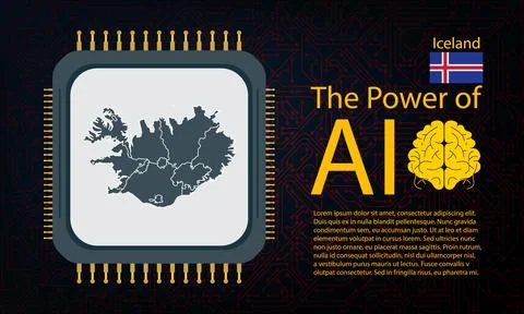 Iceland map with microchip war and AI concept on circuit board, Power of AI.. Ilustração Stock