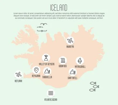 Iceland map with thin line icons of all main tourist attractions. Stock Illustration