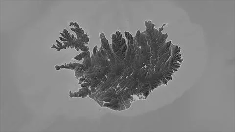 Iceland outlined on a Grayscale elevation map with lakes and rivers イラスト素材
