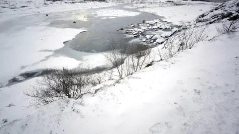 Iceland scenic landscape nature winter snow cold outside golden circle cold Stock Footage