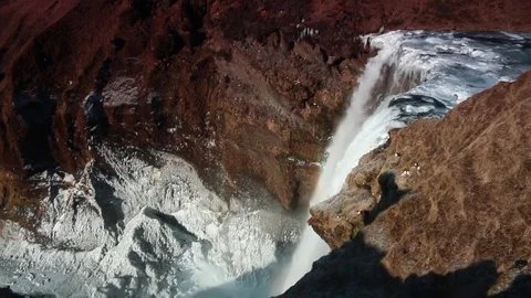 Iceland Skogafoss view from the top down to ice lake in winter falling wate.. Stock Footage 72919560