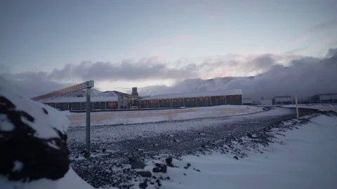 Iceland Twilight Winter Landscape - Factory with Vapor - Static 4K Stock Footage 105302753