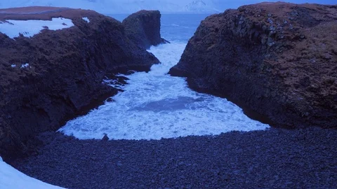 Iceland View Of Large Cliffs And The Ocean In Arnarstapi In Winter 2 Video stock 87489073