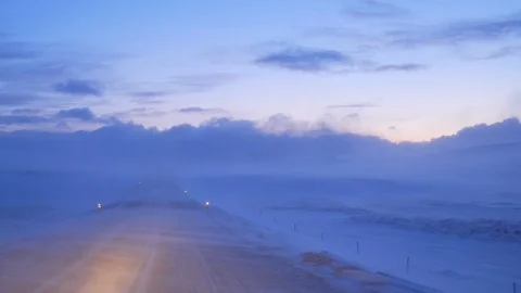 Iceland View Of Strong Winds Blowing Snow Over Highway 1 Video stock 87489272