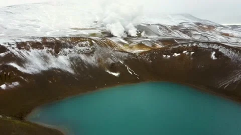 Iceland Viti Crater Drone Shot Geothermal Steam Lake Myvatn Stock Footage