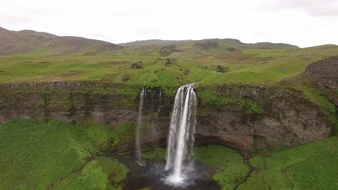 Iceland Waterfall Drone Glides Back Stock Footage 115541946