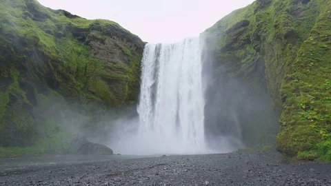 Iceland Waterfall Skogafoss in Beautiful Icelandic Landscape Stock Footage