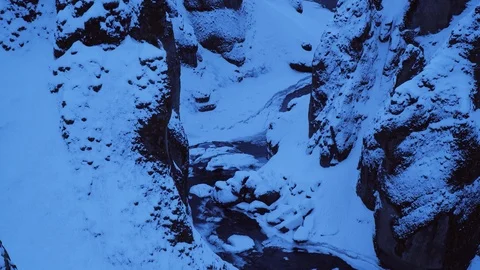 Iceland Winter View Of Large Snow Covered Valley With River Below At Sun Down Stock Footage 87489963