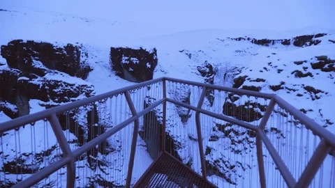 Iceland Winter View Of Large Snow Covered Valley With Tall Waterfall 2 스톡 동영상 87490209
