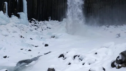 Iceland Winter View Of Lava Columns At Svartifoss Waterfalls 2 Stock Footage 87490368