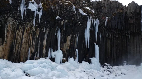 Iceland Winter View Of Lava Columns At Svartifoss Waterfalls 4 Video stock 87490446