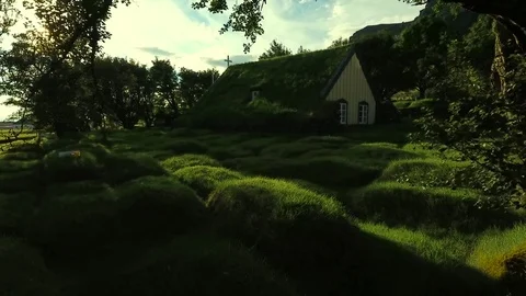 Icelandic peaty church in the rays of sunset. Andreev. Stock Footage