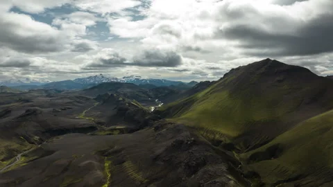 Icelandic valley Aerial hyperlapse mountains, scenic clouds Stock Footage 258043578