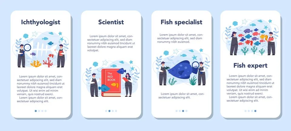 Ichthyologist mobile application banner set. Oceanic fauna scientist. Illustration