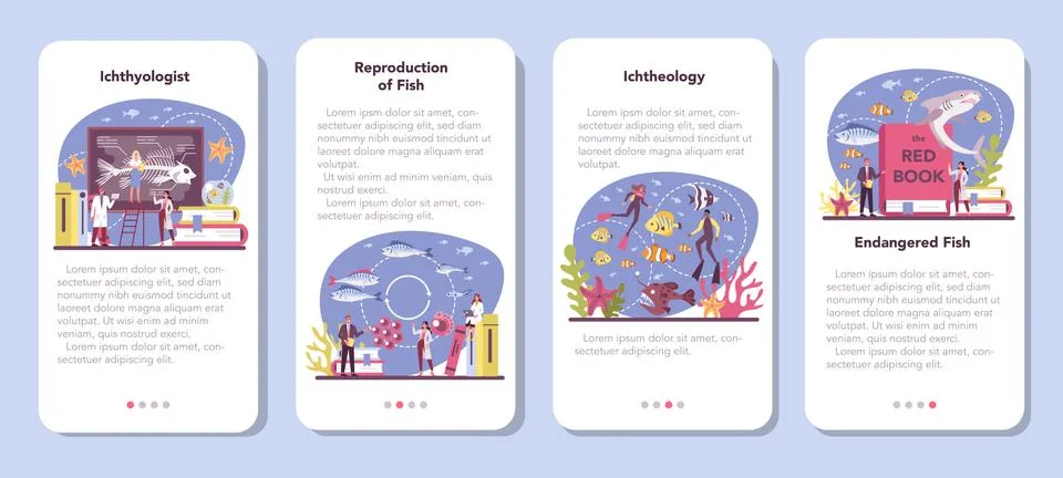 Ichthyologist mobile application banner set. Ocean fauna scientist. Illustration