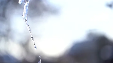 Icicle melts on warm day, stream of water runs over it and drops fall Vidéo 223369067