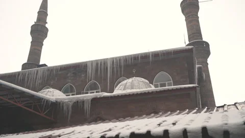 Icicles and Old Ottoman Mosque in Agri Stock Footage 144055091
