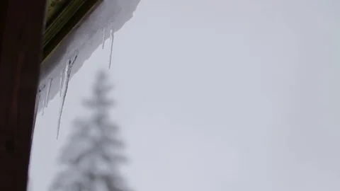 Icicles Onto A Cabin With A Fir Tree In The Background Stock-Footage 85098952