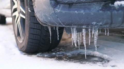 Icicles on the car chassis in 4k slow motion 60fps Stock Footage 148997088
