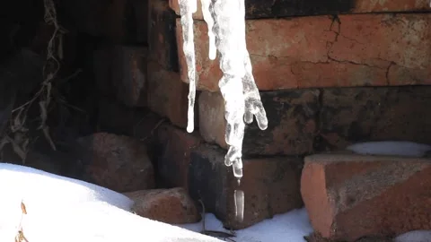 Icicles Crystal Close-up Spring Eavesdrops with Falling Drops in Sunlight Stock Footage 167549980