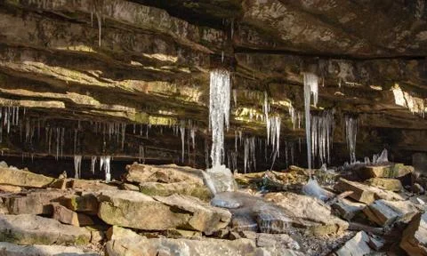 Icicles Found In Glory Hole Falls, Arkansas Stock Photos