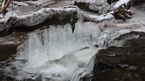 Icicles Hanging Above a Stream, North Pennines, England, UK Stock Footage 227894808