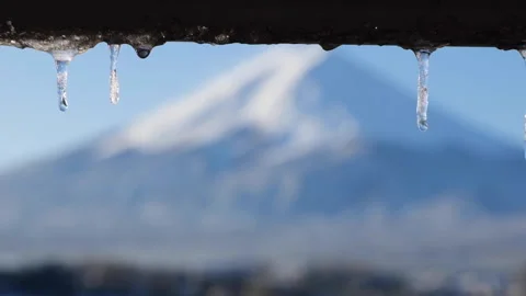 Icicles Melted and Droplets Fall in front of Mt. Fuji (Super Slow Motion) Stock Footage 145822518