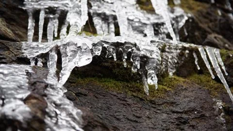 Icicles from a Mountain Waterfall in Winter Foto stock