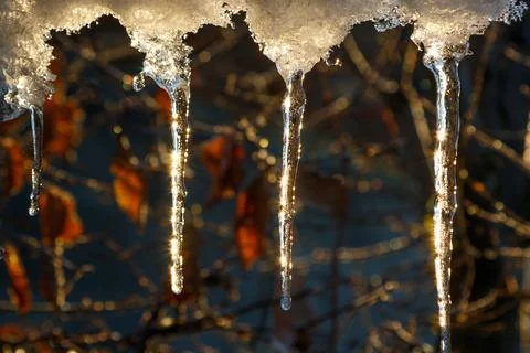 Icicles or ice stalactites backlit with the sun Stock Photos
